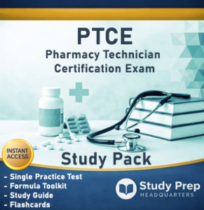 PTCE study pack with pharmacy technician practice test, flashcards, and formula toolkit